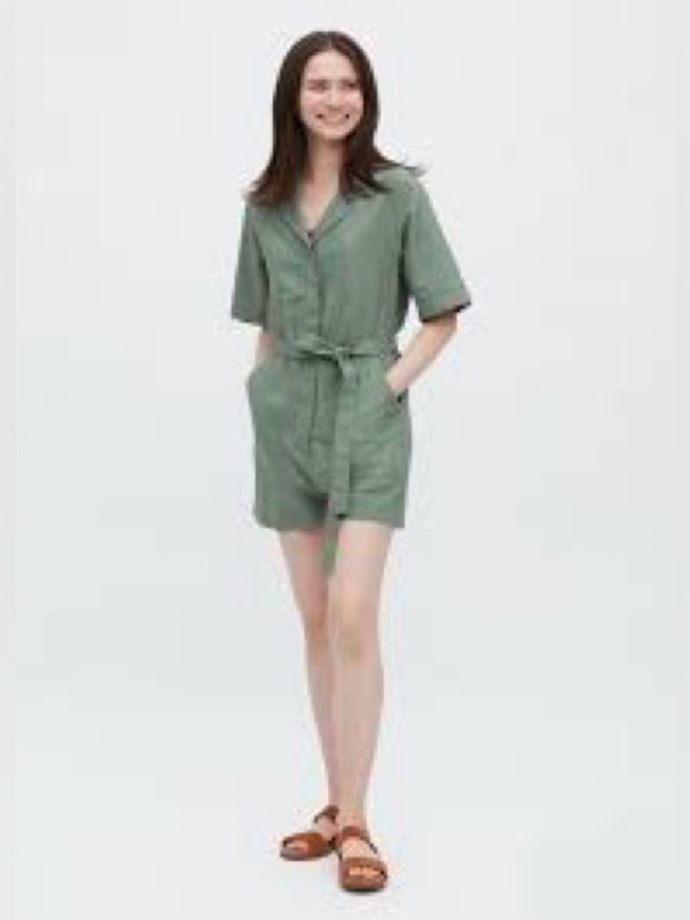 UNIQLO Olive Green Short Sleeve Shirt Tie-Waist Romper